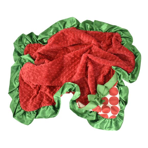 Christmas Baby Blanket Red Dots with Green Satin Border NEW - Picture 4 of 8